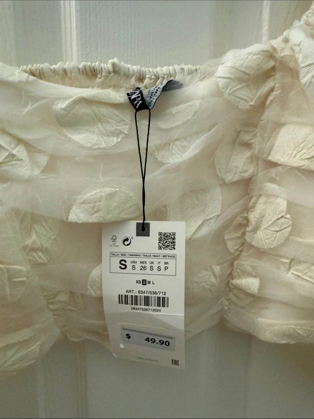 ZARA Cream Puff-Sleeve Polka Dot Crop Blouse